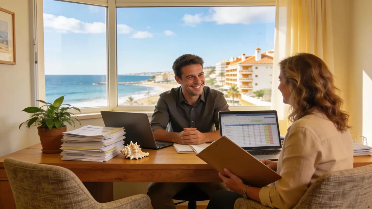 An adviser smiles at a client holding a folder across a desk with two laptops and stacks of papers, by a window overlooking the beach and seafront buildings