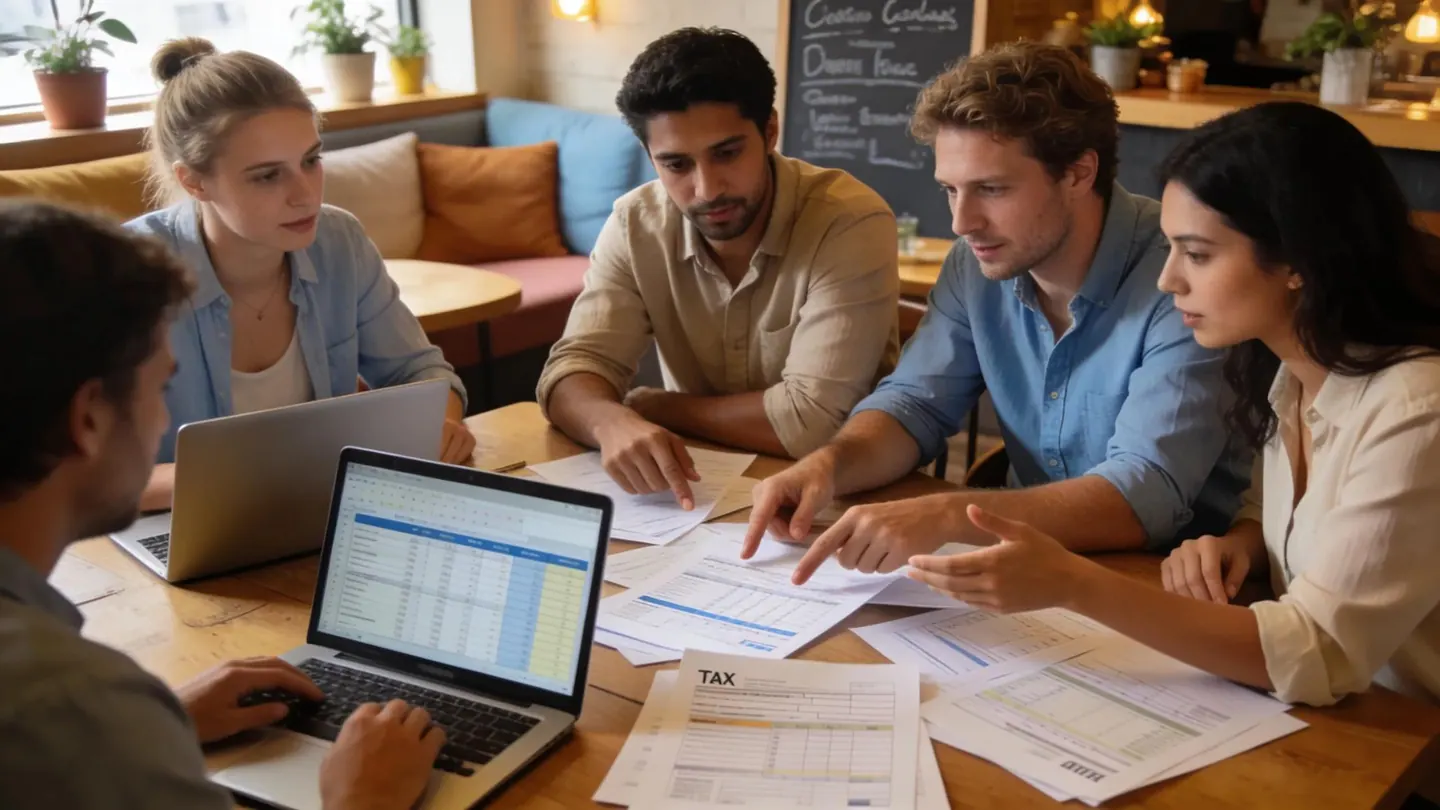 Utlandsboende diskuterar strategier för skatteplanering på ett kafé