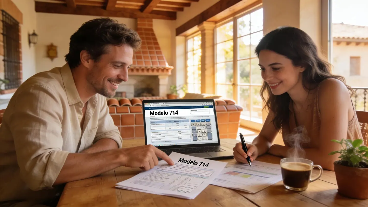 Expat couple discussing financial documents in a cozy Spanish home