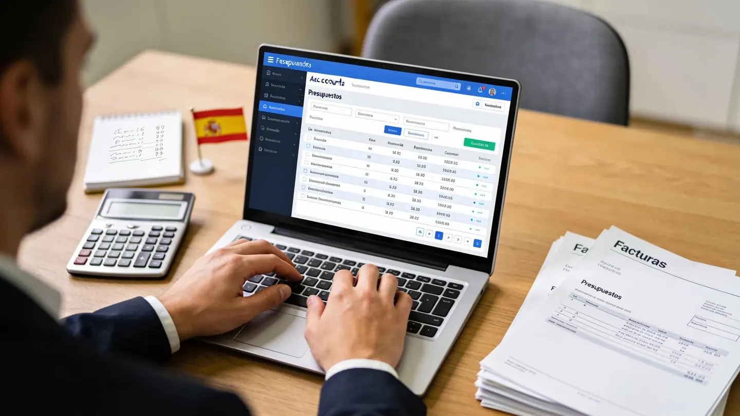 Individual using accounting software on a laptop with financial documents, highlighting bookkeeping solutions for businesses in Spain