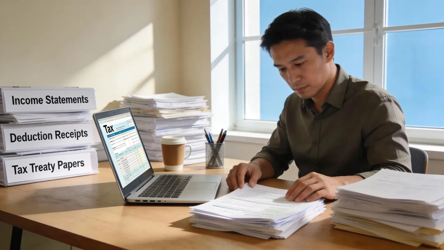 Expat preparing tax documents at a desk with a laptop