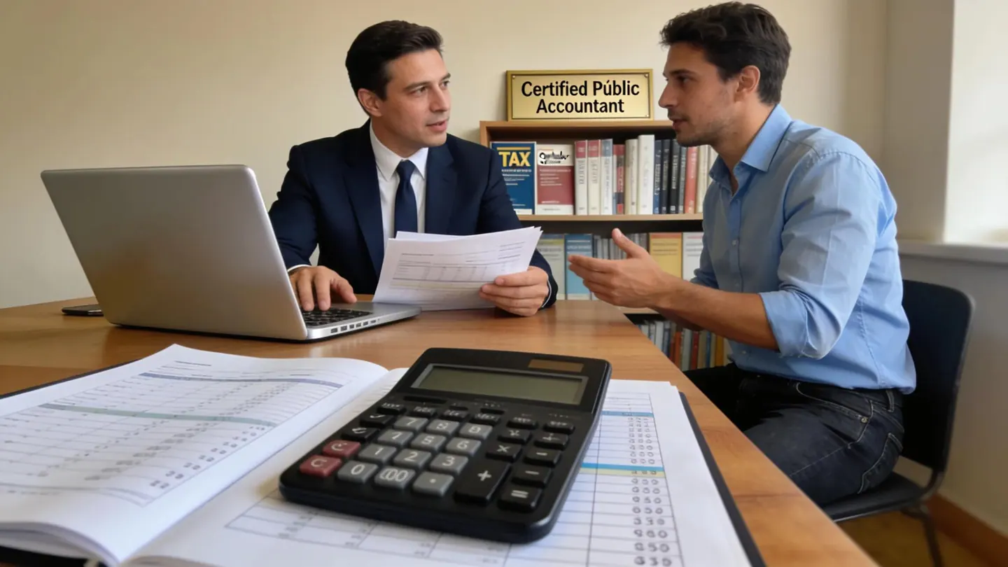 Accountant assisting a new business owner with tax obligations in a Spanish office, emphasizing financial discussions and paperwork