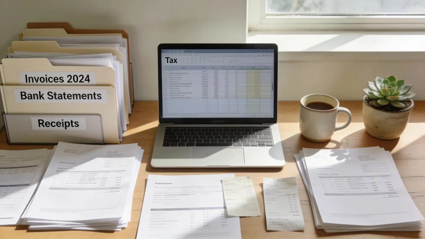 Organized financial documents including invoices and receipts essential for Spanish tax compliance