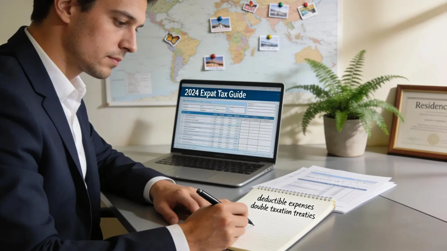 Expat reviewing financial documents in a modern office setting
